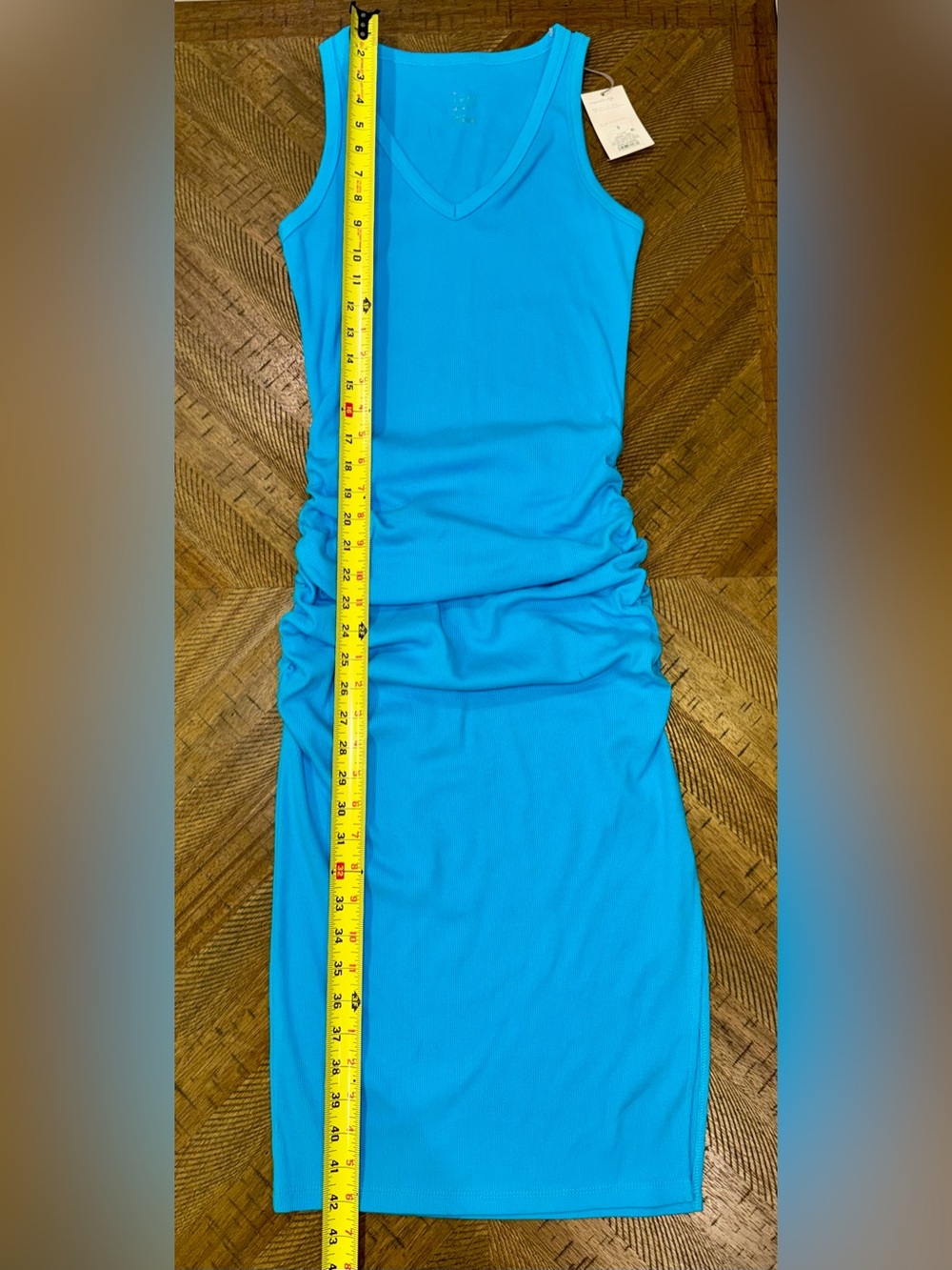 🩵 Bright Turquoise Blue V-Neck Midi Ruched Dress w/ Low Side Slit - size Small - Picture 12 of 15